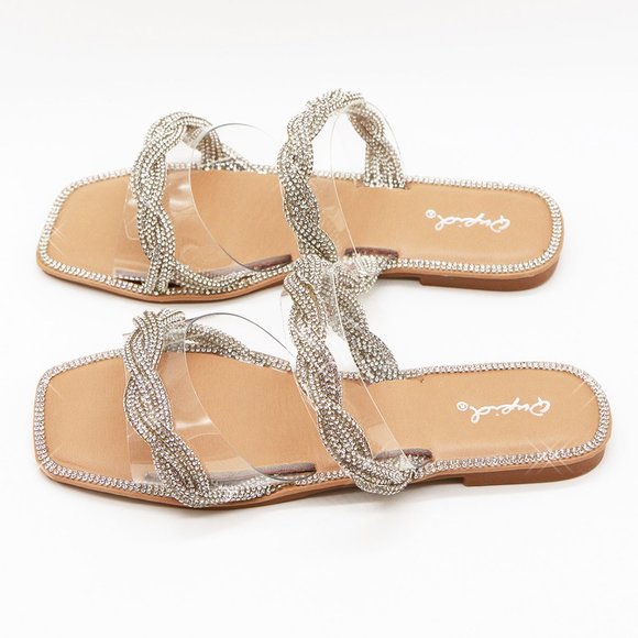 NEW Double Clear Strap Twisted Sparkly Bling Rhinestone Slip On Slides Sandals - Picture 14 of 15